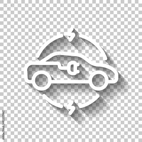 Modern electric car, green energy, simple icon. White linear icon with editable stroke and shadow on transparent background