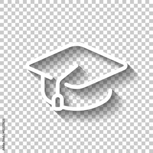 Graduation cap, simple icon. White linear icon with editable stroke and shadow on transparent background