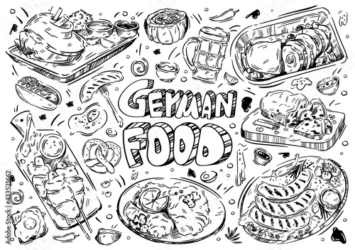 Hand drawn vector illustration. Doodle German food: wurst, kartoffelpuffer, brezel, schnitzel, strudel, beer, hot dog, knuckle, eintopf soup, egg, falscher hase, stollen