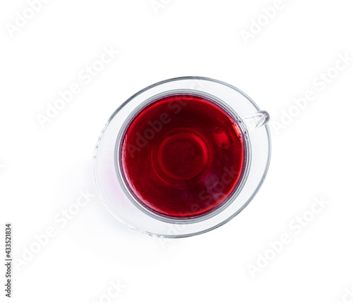 Cup of hibiscus tea isolated on white background. Top view