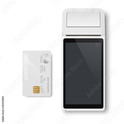 Vector Realistic White 3d Payment Machine. POS Terminal, Credit Card Closeup Isolated. Approved Payment. Design Template of Bank Payment Terminal, Mockup. Processing NFC Payments Device. Top View