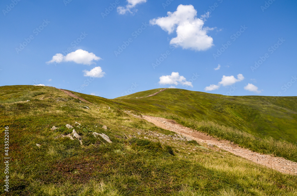 Beautiful summer landscape of Borzhava mountains with green grass on the hillside and blue sky in distance. Path curve beneath high ridge. Carpathians, Ukraine