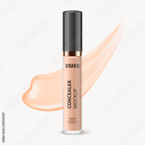 Vector 3d Realistic Lip Gloss, Foundation, Concealer, Corrector Package, Black Cap, Lip Gloss Stroke Isolated. Glass Container, Tube. Plastic Transparent Bottle, Design Template, Mockup. Front View