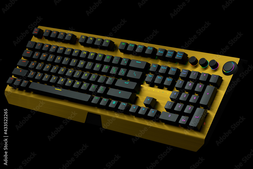 Yellow computer keyboard with rgb colors isolated on black background. Yellow computer keyboard with rgb colors isolated on black background.
