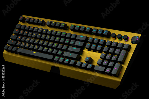 Yellow computer keyboard with rgb colors isolated on black background.