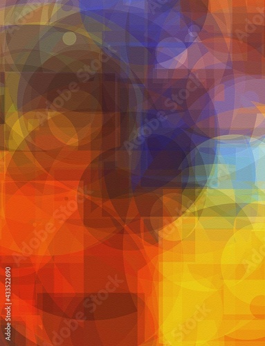 Elegant colorful with picturesque effect intersecting geometric shapes on sandstone imitation textured surface abstract background. Digital graphic art style image. Decorative ideas.