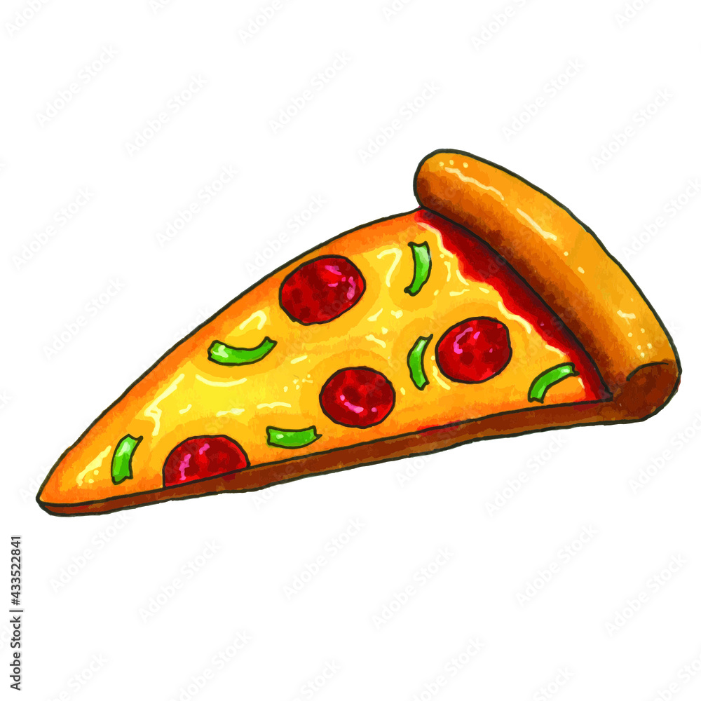 Hand draw markers pizza. Digital illustration. Italian food. Yummy food.Pizza slice Hand draw markers pizza. Digital illustration. Italian food. Yummy food.Pizza slice