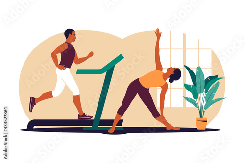Active couple doing exercise. Man and woman training together at home. Sport in a cozy interior. Vector illustration. Flat.