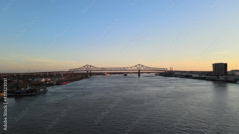 Crescent City Connection Bridge over Mississippi River Sunset New Orleans Louisiana Crescent City Connection Bridge over Mississippi River Sunset New Orleans Louisiana