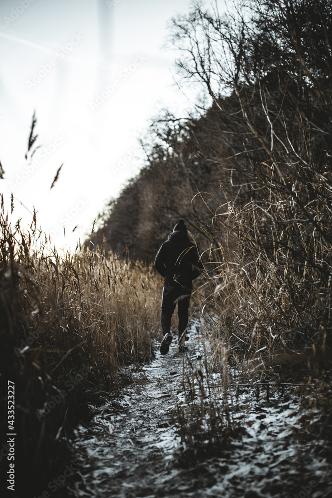 Naklejka premium a man walking along the path