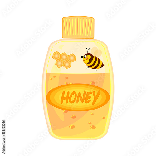 Bottle with honey isolated on white background. Fresh raw organic liquid honey in jar with cap. Cartoon design style. Natural fresh dessert. Organic food. Stock vector illustration