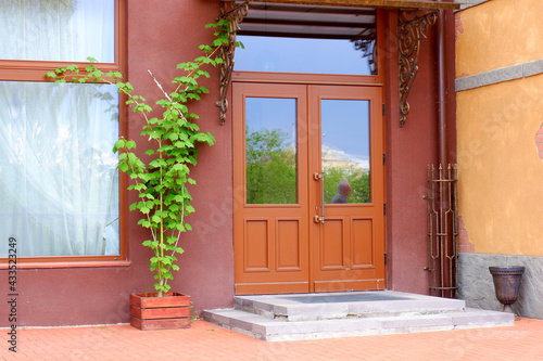 Wooden door with windows on the porch