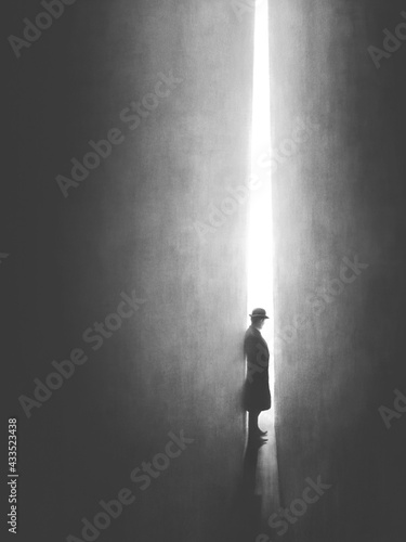 illustration of ma trying to get out of a tight light door, business abstract concept
