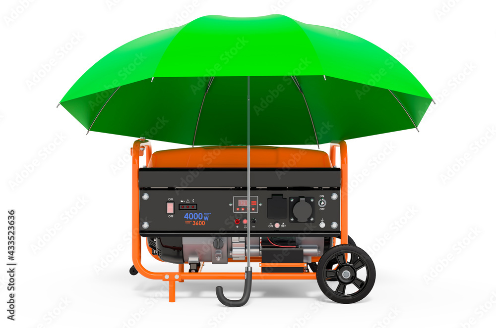 Gasoline generator under umbrella. 3D rendering