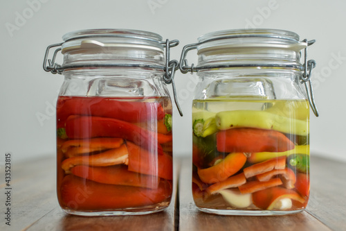 Homemade food: different kind of peppers ready to ferment in a mason jar