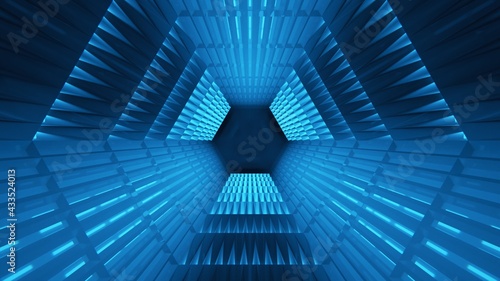 Abstract Corridor. Futuristic 3d render. Blue neon background. Technology backdrop. Sci-fi illustration