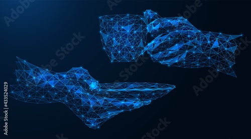 Cup of coffee and saucer in hand. A break in the workplace. Polygonal construction of lines and points. Blue background.