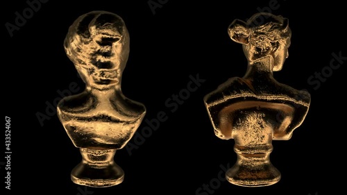 Gold antique damaged statue bust of a woman rotating on a black background. Alpha matte channel