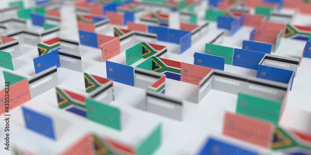 Flag of South Africa on the mockup credit card maze. Financial problems related 3D rendering Flag of South Africa on the mockup credit card maze. Financial problems related 3D rendering