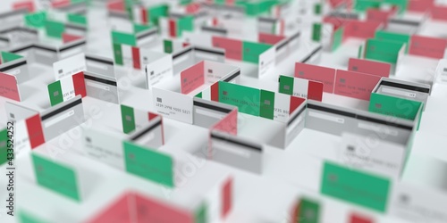 Fictional credit card maze with flag of Italy. Financial difficulties related 3D rendering