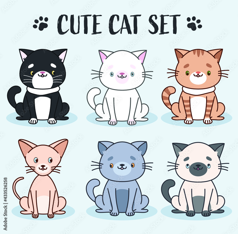 Vector Funny and cute cartoon Cat. Set characters. Cute cat