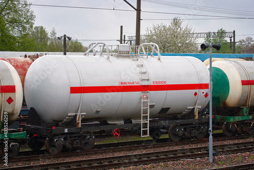 Tank cars train for transportation liquefied petroleum gas and deliver LNG by rail.Transportation of petroleum products, safety storage. LPG railroad tanks, export of liquefied natural gas.