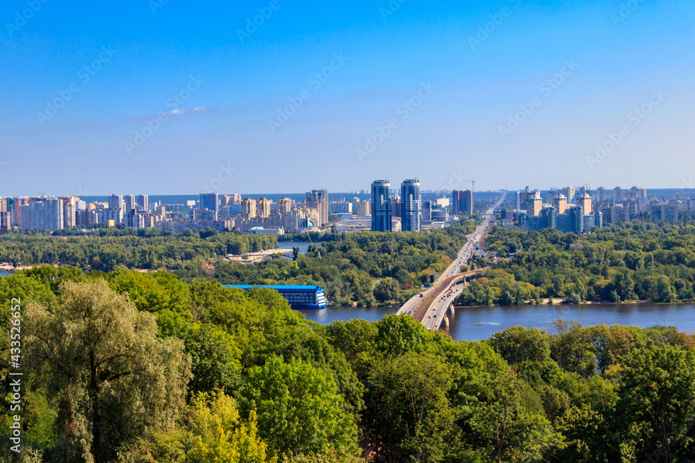 Aerial view of Metro bridge and the Dnieper river in Kiev, Ukraine. Kyiv cityscape