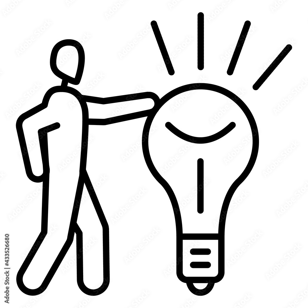 Obraz premium Brilliant inventor, creative man invented a successful idea. Innovation, success. A man touches the light bulb hand. Vector icon, outline, isolated.