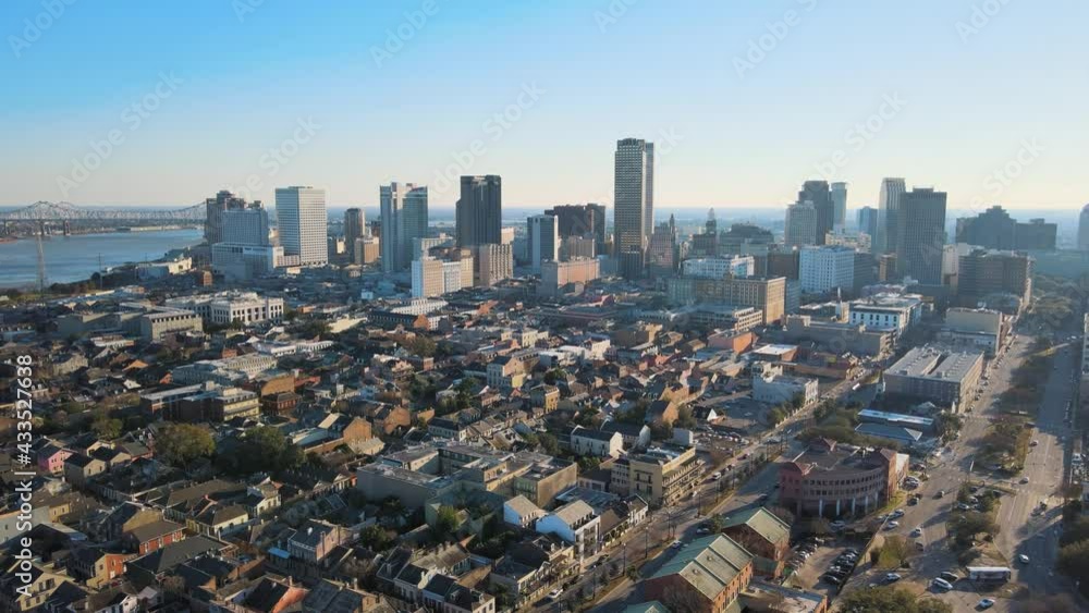 French Quarter Houses New Orleans Louisiana with Downtown in Background Drone Aerial
