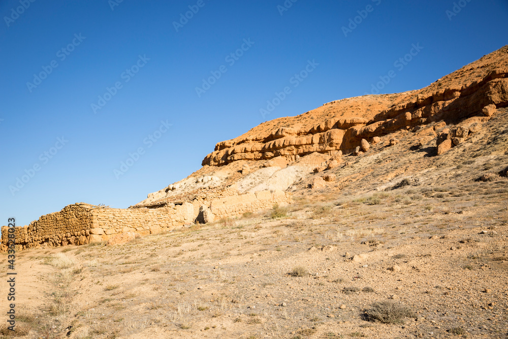 dry summer landscape with a refuge for sheep next to Montuenga de Soria (municipality of Arcos de Jalon), province of Soria, Castile and Leon, Spain