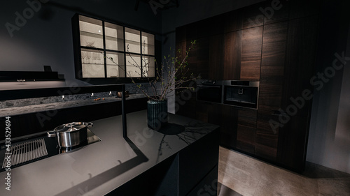 Dark expensive kitchen with built-in appliances. Brown veneer. Pots and pans.