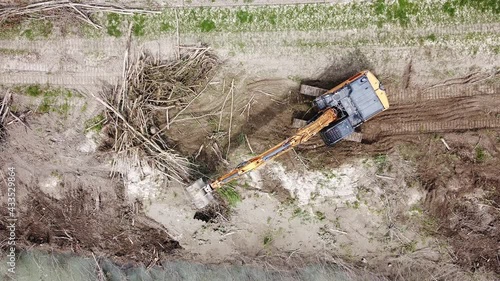 digger cleans river embankment from tree trunks and branches

