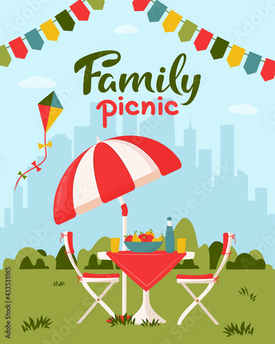 Family picnic concept. Outdoor picnic in a park. Served table with chairs, kite, garlands and umbrella. Vector flat illustration for poster, banner. Spring or Summer picnic background