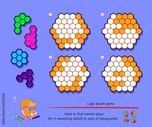 Logic puzzle game for children and adults. Need to find correct place for 4 remaining details in each of honeycombs. Page for kids brain teaser book. Developing spatial thinking. Play online.