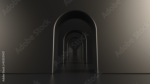 Brown arch hallway corridor abstract background minimal conceptual 3D rendering. 3Dillustration. 3D CG.
