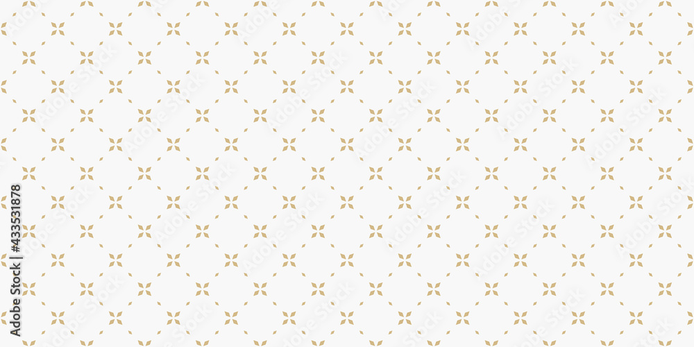 Golden minimal floral geometric seamless pattern. Simple vector white and gold abstract background with small flowers, tiny crosses, grid, lattice. Subtle minimalist repeat wide texture. Luxury design