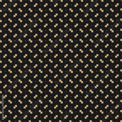 Golden vector minimalist seamless pattern. Pixel art style. Simple minimal gold and black texture with small square shapes, dots. Stylish abstract luxury background. Elegant repeat decorative design