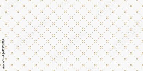 Golden minimal floral geometric seamless pattern. Simple vector white and gold abstract background with small flowers, tiny crosses, grid, lattice. Subtle minimalist repeat wide texture. Luxury design