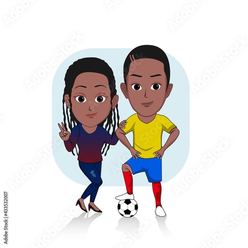 vector illustration of cartoon caricature of a black footballer posing with a woman isolated on white background.