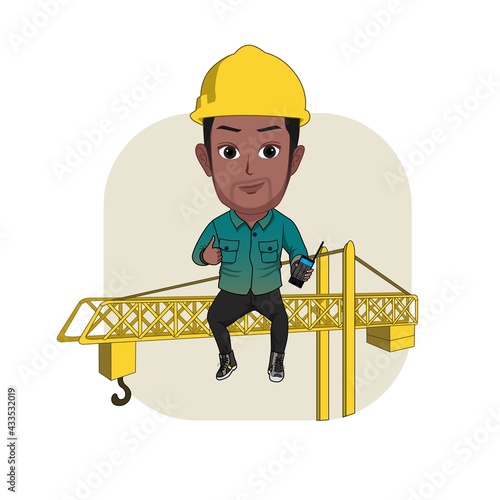 vector illustration of cartoon caricature of a black male engineer in work uniform and safety helmet sitting on a crane isolated on a white background.