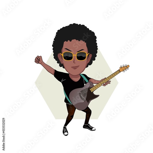 cartoon caricature vector illustration of a black man with glasses clenching his fists while playing an electric guitar isolated on a white background.