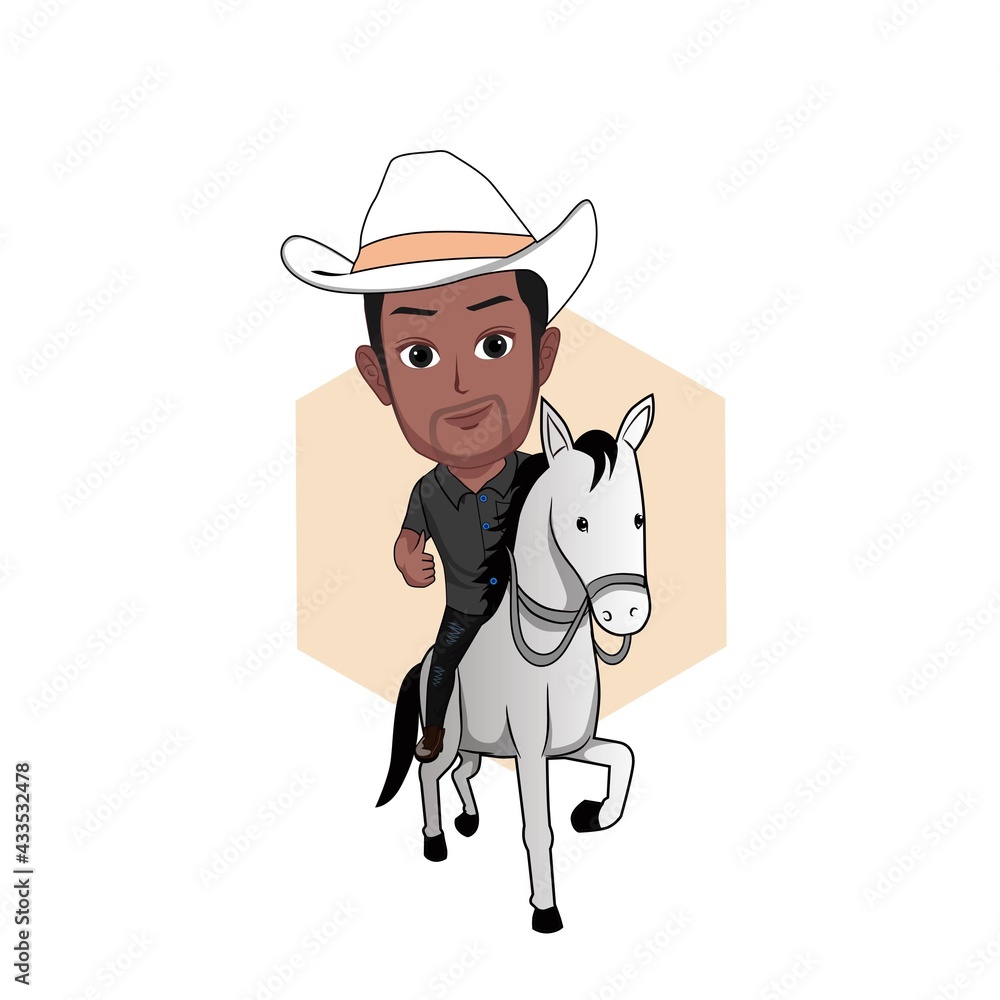 cartoon caricature vector illustration of a man in black riding a horse in  a cowboy outfit from a front view isolated on a white background. Stock  Vector | Adobe Stock
