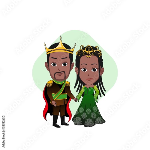 cartoon caricature vector illustration of a black king and queen in royal attire isolated on white background.