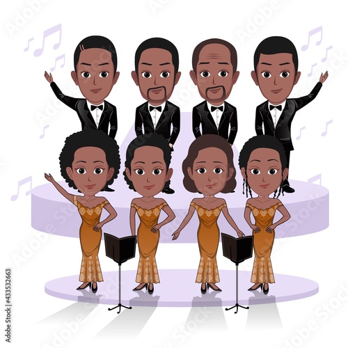 cartoon caricature vector illustration of a group of black people choir standing on the platform singing together isolated on a white background.