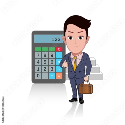 cartoon caricature vector illustration of a man in office uniform and calculator and bag reflecting financial statements isolated on white background.