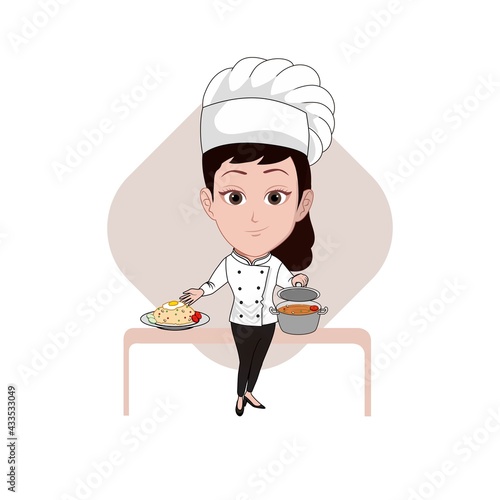 vector illustration of cartoon caricature of a female chef in chef's uniform posing with her home cooking isolated on white background