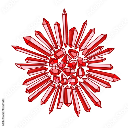 Mosaic from gemstones. Ruby red sun with rays. Glass crystals. Color vector illustration with contour lines isolated on a white background in doodle and hand drawn style.
