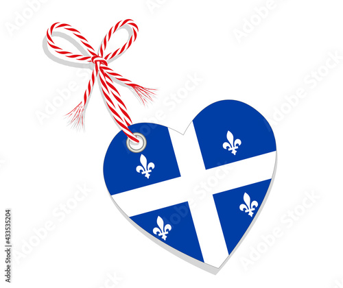 Fahne als Herz  „I Love Quebec“ mit Kordel-Schleife,
Vektor Illustration isoliert auf weißem Hintergrund
