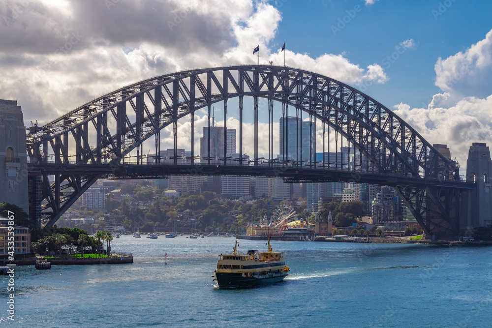 View if Sydney Harbour of buildings bridges & ferries. Picture taken from Cahill Expressway Circular Quay NSW Australia