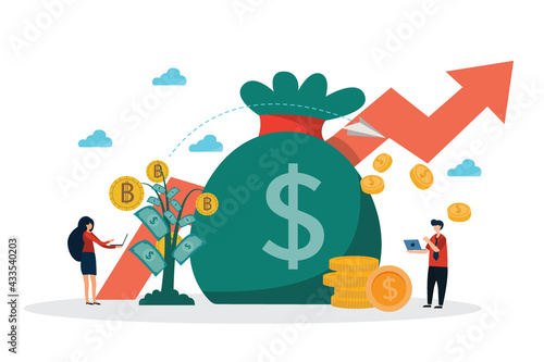 Money saving ideas for business people Money tree growing on a big money bag flat design style vector illustration